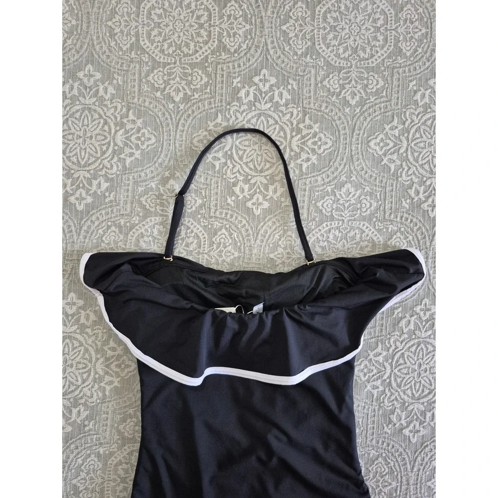 Holipick‎ Black Ruched Ruffle Off-the-Shoulder Halter One-Piece Swimsuit Womens